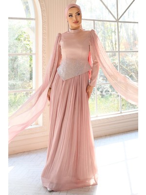 Olcay Taş Bezeli Pilise ve Pelerin Detaylı Saten-Yoryo İpek Tesettür Abiye Elbise PUDRA 1054