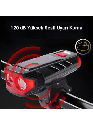 Güneş Enerjili, 2000MAH Bisiklet Lambası, USB Şarj Edilebilir LED Lamba, 120DB Bisiklet Kornası