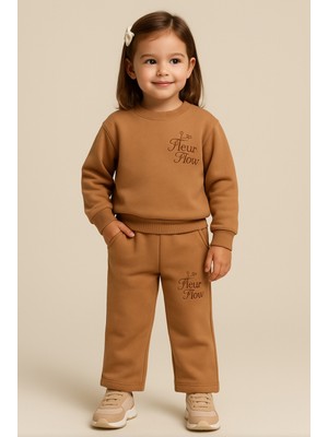 Damla Kız Çocuk Baskılı Lastikli Bel Cepli Şardonlu Üçip Kalın Eşofman Takımı