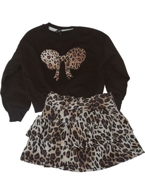 MG Mini Giyim Leopar Desenli Dijital Baskılı Sweat - Etekli Takım Kız Çocuk