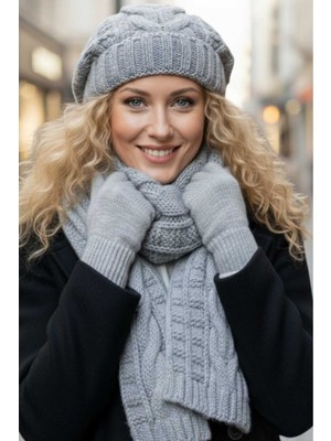 Tezzgelsin Kadın Örgü Desenli Bere Atkı Eldiven Takım