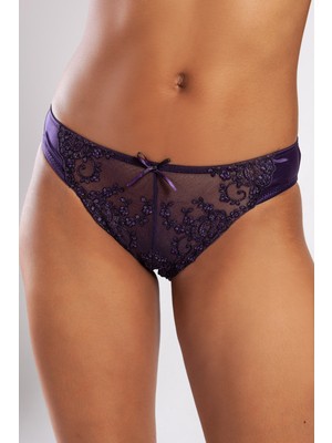 Leopardess Golshan Giselle Mini Slip, Kadın Güpürlü Saten Mor Külot