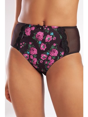 Leopardess Golshan Gardenia Control Slip, Kadın Dantelli Çiçek Baskılı Siyah Yüksek Bel Külot
