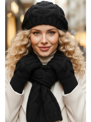 Tezzgelsin Kadın Örgü Desenli Bere Atkı Eldiven Takım