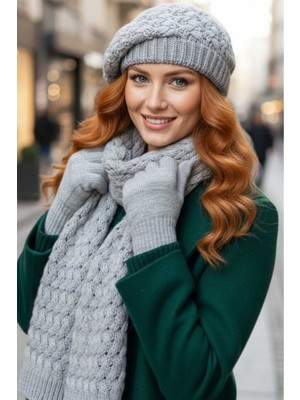 Tezzgelsin Kadın 3'lü Örgü Desenli Bere Atkı Eldiven Takım