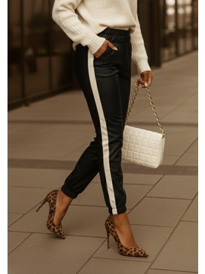 Artsviva Kadın Yüksek Bel Lastikli Yan Şerit Detaylı Deri Pantolon