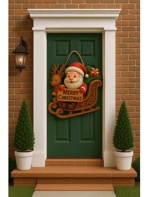 Okavango Noel Babalı Kızaklı Hediye Paketli Yılbaşı Geyikli Kapı Süsü, Yılbaşı Süsü Yılbaşı Temalı Hediyeler (30-18 Cm)