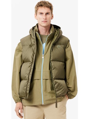 Lacoste Men's Water-Repellent Puffer Vest Kaz Tüyü Dolgu Sabit Kapüşonlu Suitici Yelek Haki