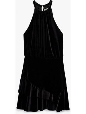 Koton Slim Fit Kolsuz Fırfırlı Halter Yaka Kadife Mini Elbise