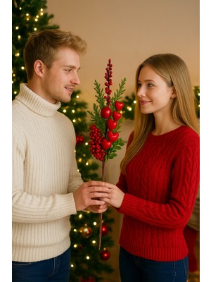 Okavango Yılbaşı Desenli 1 Adet Lüx Kalpli Yeşilli Kokina Çiçeği Yılbaşı Süsü Yılbaşı Hediyesi Kırmızı