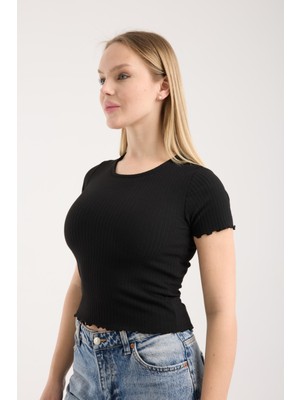 G-FOX Kadın Fitilli Kısa Kollu Esnek Pamuklu Basic Crop Tişört 6009