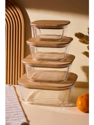 Perotti Locky Bamboo 4'lü Kare Cam Saklama Kabı Seti