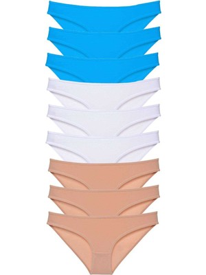 Leopardess 9 adet Süper Eko Set Likralı Kadın Slip Külot Ten Beyaz Mavi