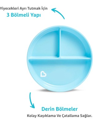 Munchkin Sabit Vakumlu Beslenme Tabağı | 6 Ay+, 3 Bölmeli, BPA İçermez, Mavi– 1 Adet