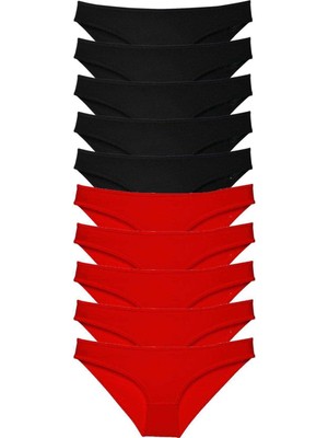 Leopardess 10 adet Süper Eko Set Likralı Kadın Slip Külot Siyah Kırmızı