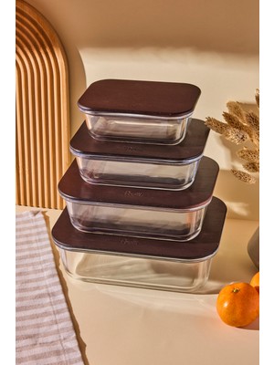 Perotti Locky Wood 4'lü Dikdörtgen Cam Saklama Kabı Seti