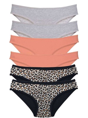 Leopardess 6 Adet Likralı Kadın Slip Külot Leopar Gri Pudra