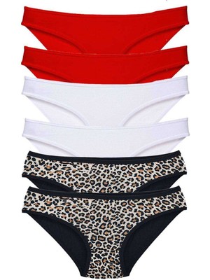 Leopardess 6 Adet Likralı Kadın Slip Külot Leopar Kırmızı Beyaz