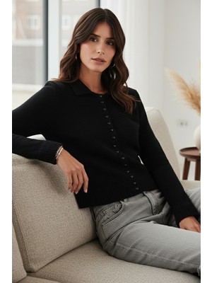 Lela Yün Karışımlı Regular Fit Düğmeli Polo Yaka Hırka Bayan Hırka 4617013