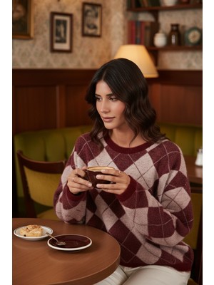 Lela Baklava Desenli Oversize Bisiklet Yaka Yumuşak Dokulu Kazak Bayan Kazak 4616262