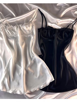 Hama Love Kadın Siyah Beyaz Saten Gecelik