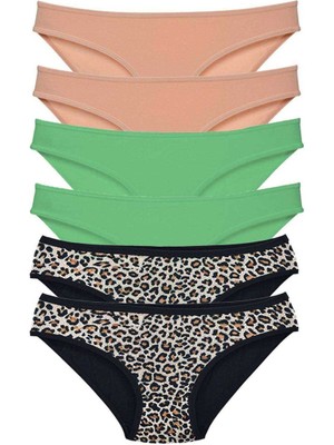 Leopardess 6 Adet Likralı Kadın Slip Külot Leopar Ten Yeşil