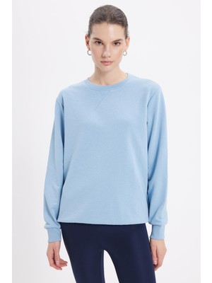 Tudors Kadın Oversize Geniş Kesim %100 Pamuk 3 İplik Basic Bisiklet Yaka Mavi Sweatshirt