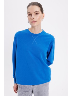 Tudors Kadın Oversize Geniş Kesim %100 Pamuk 3 İplik Basic Lacivert Bisiklet Yaka Sweatshirt