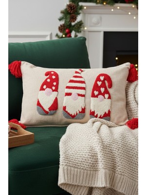 Punch Nakışı Cüce (Gnome) Kırlent - Kırmızı Püsküllü Yılbaşı Dekoratif Yastık