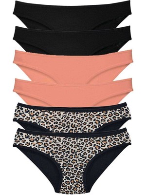 Leopardess 6 Adet Likralı Kadın Slip Külot Leopar Siyah Pudra