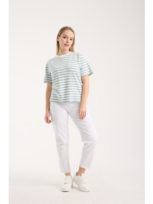 G-FOX Kadın %100 Pamuk Rahat Kalıp Yatay Çizgili Basic Bisiklet Yaka Kısa Kollu Günlük Tişört 6014