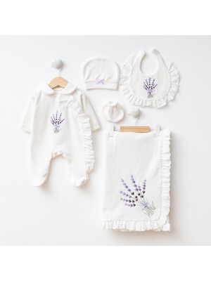 Eda Baby Lavanta Nakışlı Kadife %100 Pamuklu Yenidoğan Hastane Çıkış Seti Kız Bebek