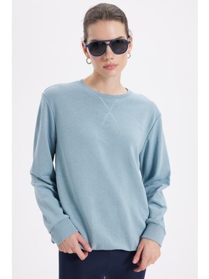 Tudors Kadın Oversize Geniş Kesim %100 Pamuk Basic bisiklet Yaka Mavi Sweatshirt