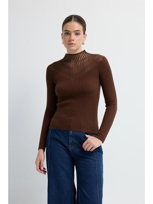 Adl Şeffaf Örgülü Triko Kazak Kahve 13945302000