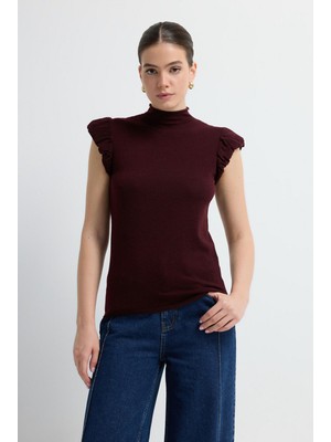 Adl Kolu Fırfırlı Yün Karışımlı Triko Bluz Bordo 11545295000