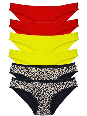 Leopardess 6 Adet Likralı Kadın Slip Külot Leopar Kırmızı Sarı