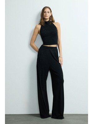 Love My Body Moda Tutkusu Lastikli Bol Taş Detaylı Örme Pantolon Siyah 153M2253000