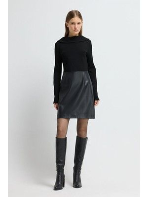 Adl Triko Detaylı Deri Elbise Siyah 12446028000