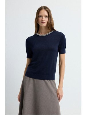 Adl Yakası Taş Detaylı  Asetat Triko Bluz Lacivert 11545293000