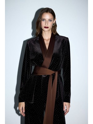 Adl Mert Aslan  Yakası Saten Kadife Ceket Kahve 11928579003