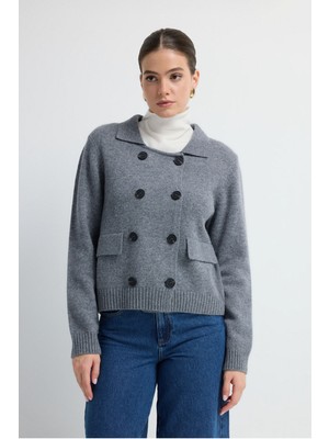 Adl Arkası Pileli Triko Hırka Gri 13445322000