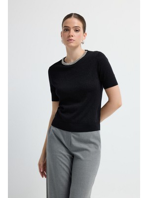 Adl Yakası Taş Detaylı  Asetat Triko Bluz Siyah 11545293000