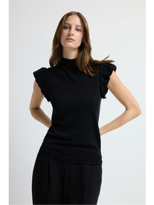 Adl Kolu Fırfırlı Yün Karışımlı Triko Bluz Siyah 11545295000