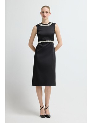 Adl Saten Kolsuz Midi Elbise Siyah 12446021000