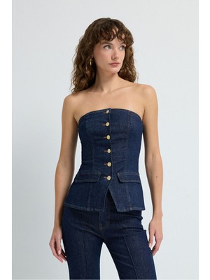 Adl Düğme Detaylı Denim Bluz Lacivert 11545230001