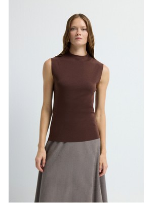 Adl Dik Yaka Balıkçı Kolsuz  Asetat Triko Bluz Kahve 11545294000