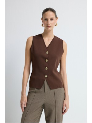 Adl V Yaka Triko Yelek Kahve 17945602000