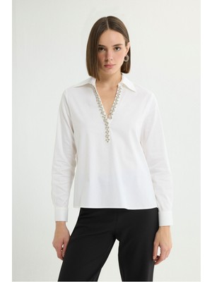 Love My Body V Yaka Taş Detaylı Bluz Beyaz 115L9783000