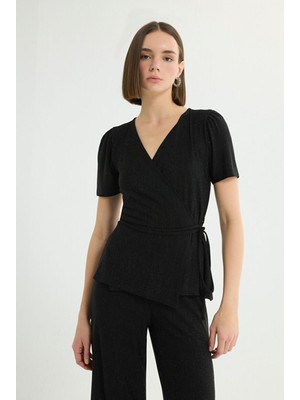 Love My Body Kruvaze Kısa Kol Örme Bluz Siyah 115L8346004