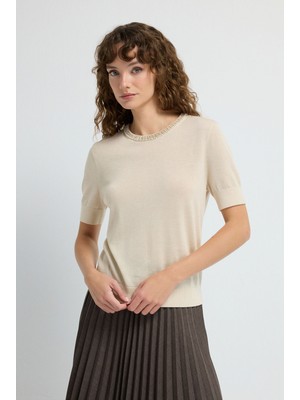 Adl Yakası Taş Detaylı  Asetat Triko Bluz Vanilya 11545293000